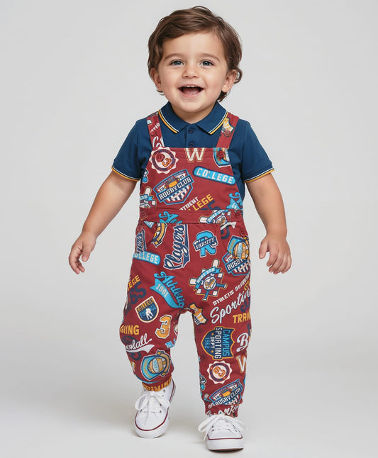 FirstCry Babyhug Single Jersey Knit Dungaree with Polo T-Shirt Text Print Navy Blue and Red