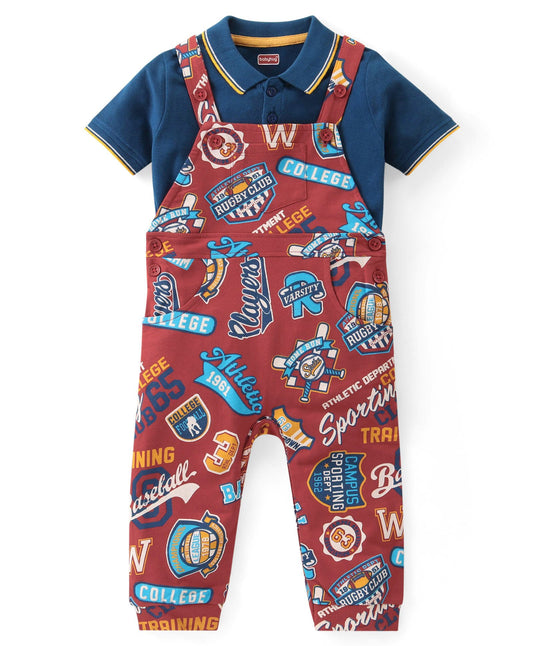 FirstCry Babyhug Single Jersey Knit Dungaree with Polo T-Shirt Text Print Navy Blue and Red