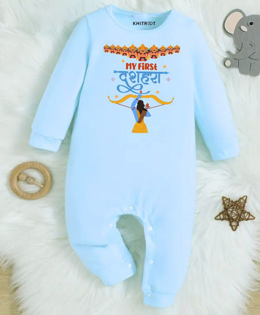 KNITROOT My First Dussehra Ravan Heads and Archer Full Sleeves Romper Blue