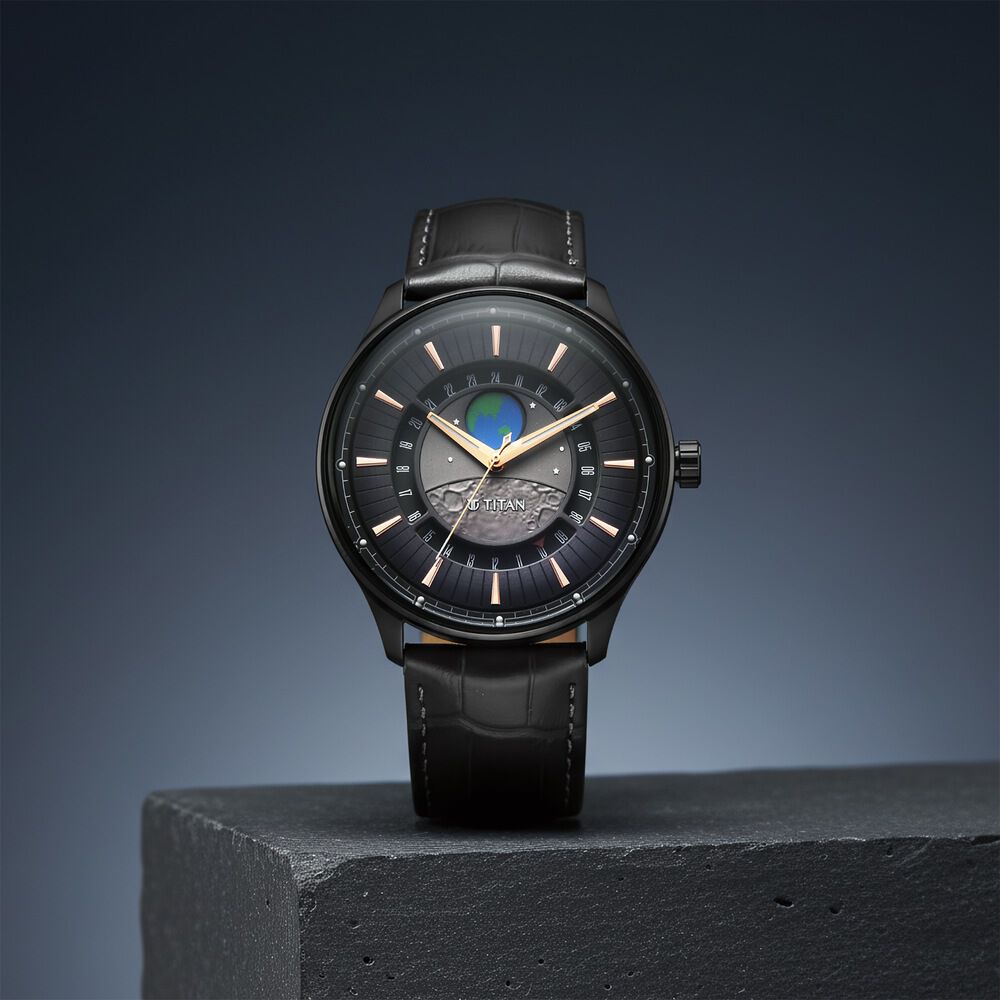 Titan Stellar Analog with Earth Disc and Gray Dial Gray Leather Strap Watch for Men - image 1