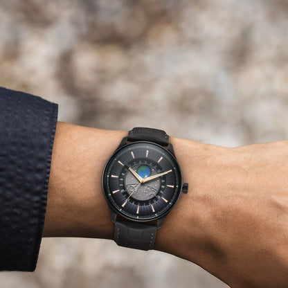 Titan Stellar Analog with Earth Disc and Gray Dial Gray Leather Strap Watch for Men