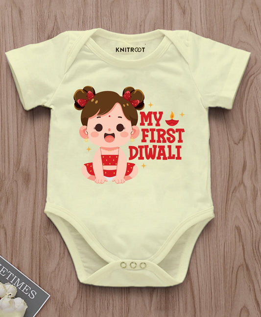 KNITROOT My First Diwali Girl With Pigtails Half Sleeves Onesie Yellow