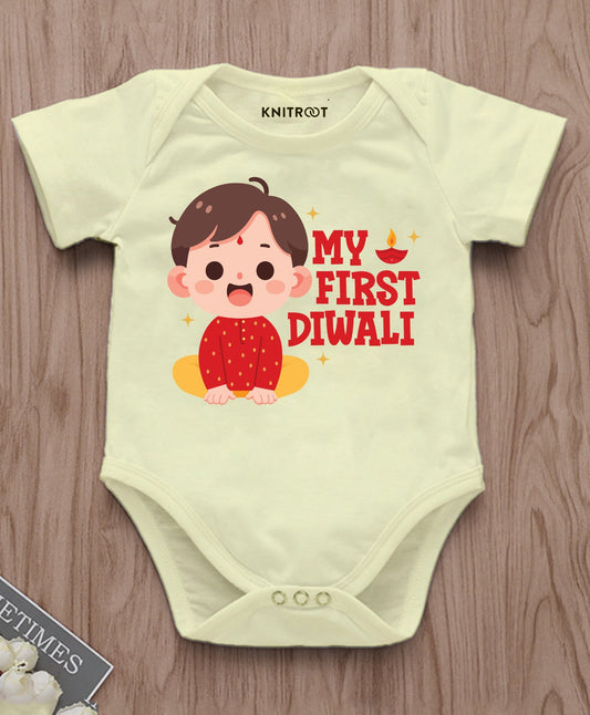 KNITROOT My First Diwali Boy in Red Kurta Half Sleeves Onesie Yellow