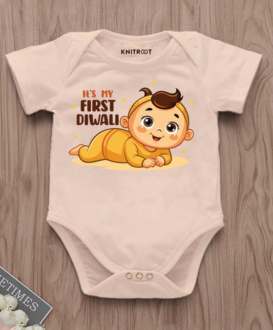 KNITROOT Its My First Diwali Crawling Baby Half Sleeves Onesie Peach