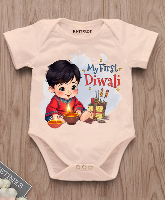 KNITROOT My First Diwali Boy in Red Kurta With Diya Half Sleeves Onesie Peach