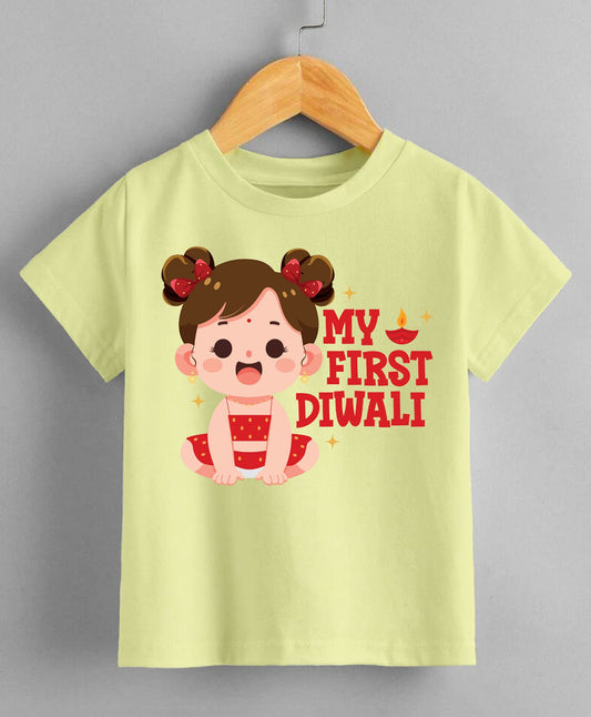 KNITROOT My First Diwali Girl With Pigtails Half Sleeves Tee Lime Yellow
