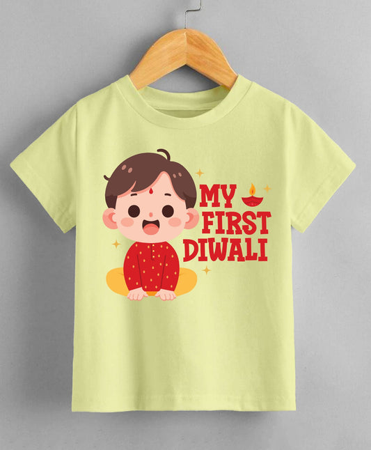 KNITROOT My First Diwali Boy in Red Kurta Half Sleeves Tee Lime Yellow
