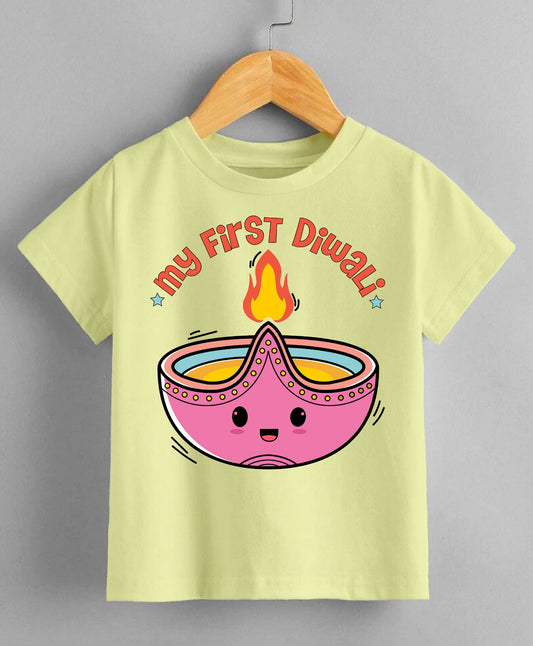 KNITROOT My First Diwali Pink Diya Bowl Half Sleeves Tee Lime Yellow