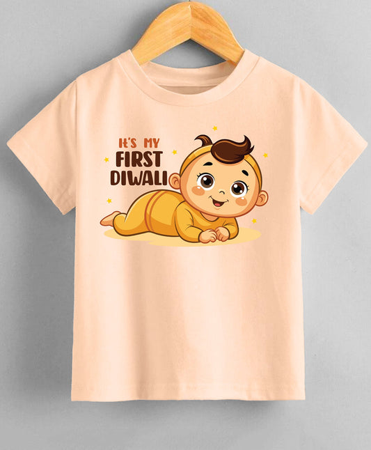 KNITROOT Its My First Diwali Crawling Baby Half Sleeves Tee Peach