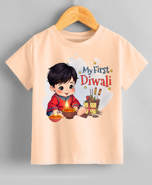 KNITROOT My First Diwali Boy in Red Kurta With Diya Half Sleeves Tee Peach