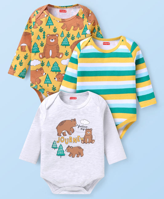 FirstCry Babyhug Interlock Knit Full Sleeves Striped and Bear Printed Onesies Pack of 3 Yellow and Light Grey