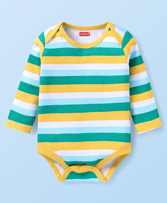 FirstCry Babyhug Interlock Knit Full Sleeves Striped and Bear Printed Onesies Pack of 3 Yellow and Light Grey