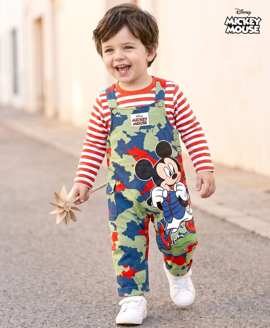 FirstCry Babyhug Disney Single Jersey Knit Full Sleeves T-Shirt with Dungaree Mickey Mouse Graphics and Camouflage Green and Red