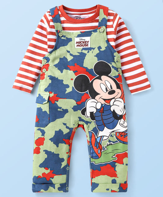 FirstCry Babyhug Disney Single Jersey Knit Full Sleeves T-Shirt with Dungaree Mickey Mouse Graphics and Camouflage Green and Red
