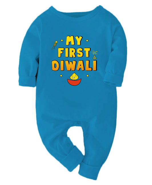 Zeezeezoo My First Diwali Diya Bowl Full Sleeves Romper Blue