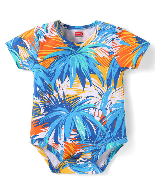 FirstCry Babyhug 100 Percent Cotton Knit Half Sleeves Tropical Printed Onesie Light Blue