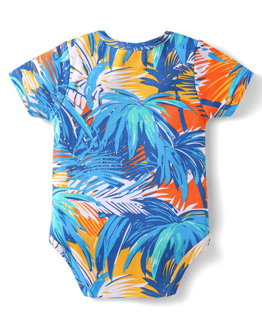 FirstCry Babyhug 100 Percent Cotton Knit Half Sleeves Tropical Printed Onesie Light Blue