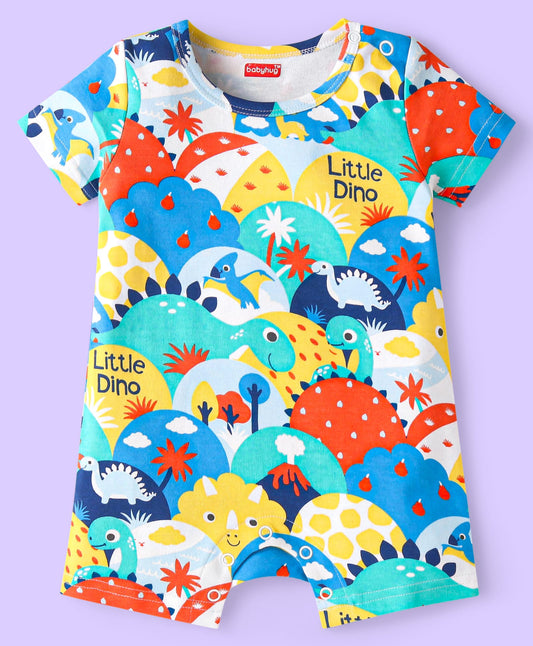 FirstCry Babyhug 100 Percent Cotton Knit Half Sleeves Dino Printed Romper White Red and Green