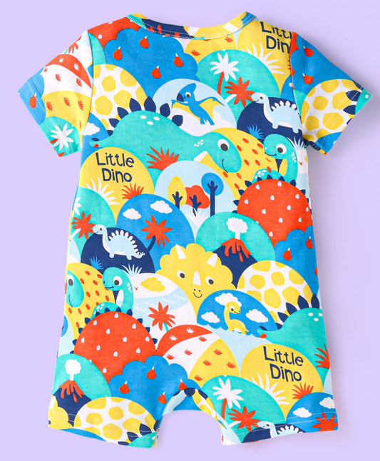 FirstCry Babyhug 100 Percent Cotton Knit Half Sleeves Dino Printed Romper White Red and Green