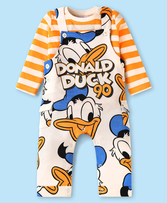 FirstCry Babyhug Disney Single Jersey Knit Full Sleeves Striped T-Shirt and Dungaree Set with Donald Duck Graphics Cream