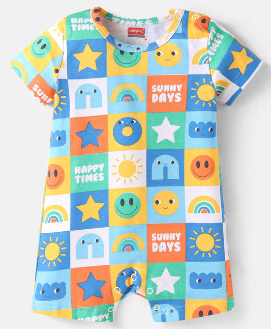 FirstCry Babyhug 100 Percent Cotton Knit Half Sleeves Romper with Smiley Print White