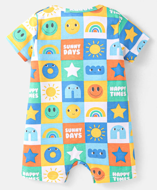 FirstCry Babyhug 100 Percent Cotton Knit Half Sleeves Romper with Smiley Print White
