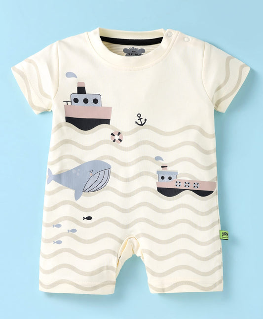 FirstCry Mini Taurus Interlock Knit Half Sleeves Romper with Nautical Theme Print Cream