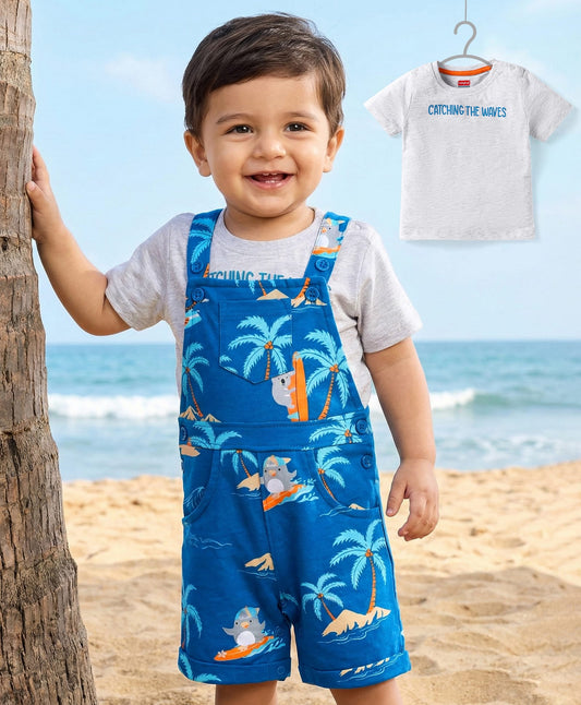 FirstCry Babyhug 100 Percent Cotton Single Jersey Knit Half Sleeves T-Shirt and Dungaree with Beach Theme Print Blue