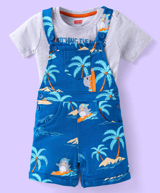 FirstCry Babyhug 100 Percent Cotton Single Jersey Knit Half Sleeves T-Shirt and Dungaree with Beach Theme Print Blue