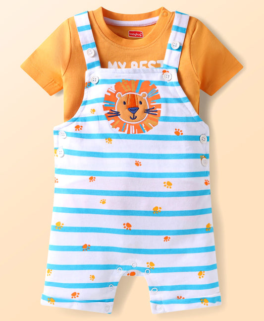 FirstCry Babyhug 100 Percent Cotton Single Jersey Knit Half Sleeves T-Shirt and Dungaree White and Orange
