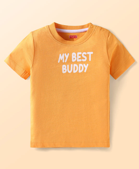 FirstCry Babyhug 100 Percent Cotton Single Jersey Knit Half Sleeves T-Shirt and Dungaree White and Orange