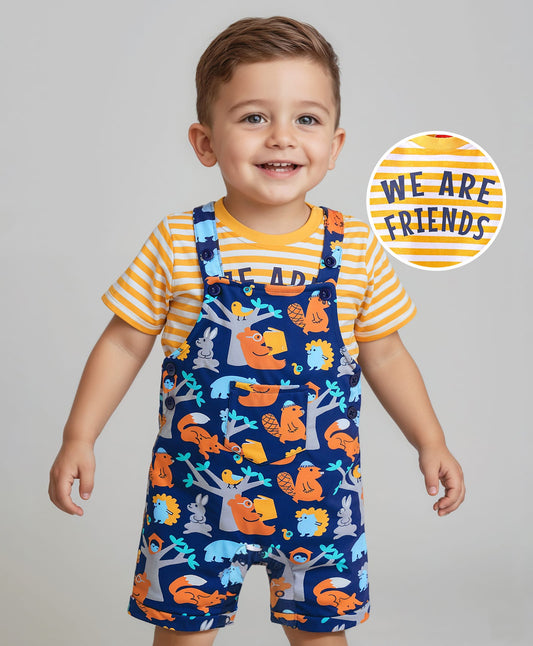 FirstCry Babyhug 100 Percent Cotton Single Jersey Knit Half Sleeves Striped T-Shirt and Dungaree with Jungle Theme Print Yellow and Navy Blue
