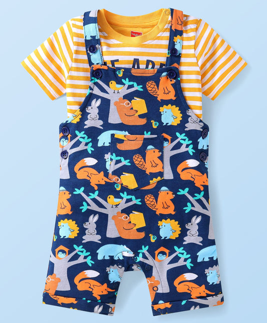 FirstCry Babyhug 100 Percent Cotton Single Jersey Knit Half Sleeves Striped T-Shirt and Dungaree with Jungle Theme Print Yellow and Navy Blue