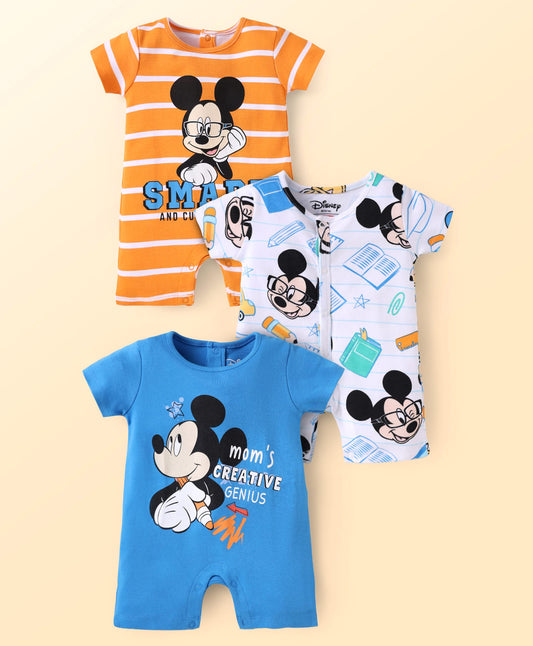FirstCry Babyhug Disney Interlock Knit Half Sleeves Rompers with Mickey Mouse Graphics Pack of 3 Blue White and Orange