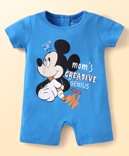 FirstCry Babyhug Disney Interlock Knit Half Sleeves Rompers with Mickey Mouse Graphics Pack of 3 Blue White and Orange