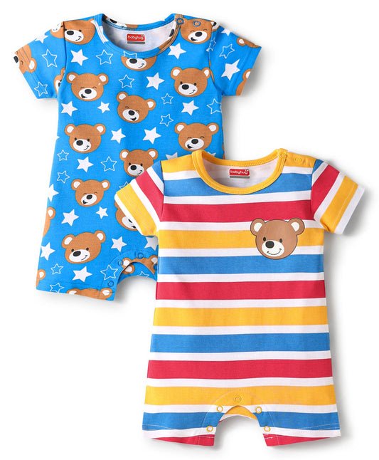 FirstCry Babyhug 100 Percent Cotton Interlock Knit Half Sleeves Romper with Stripes and Animal Print Pack of 2 Blue and Yellow
