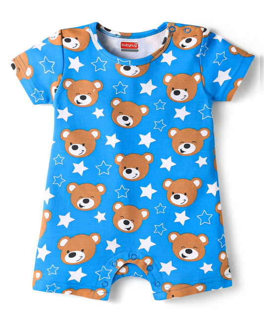FirstCry Babyhug 100 Percent Cotton Interlock Knit Half Sleeves Romper with Stripes and Animal Print Pack of 2 Blue and Yellow