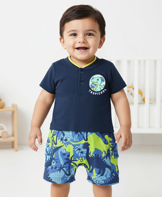FirstCry Babyhug 100 Percent Cotton Knit Half Sleeves Romper With Dino Print Navy Blue