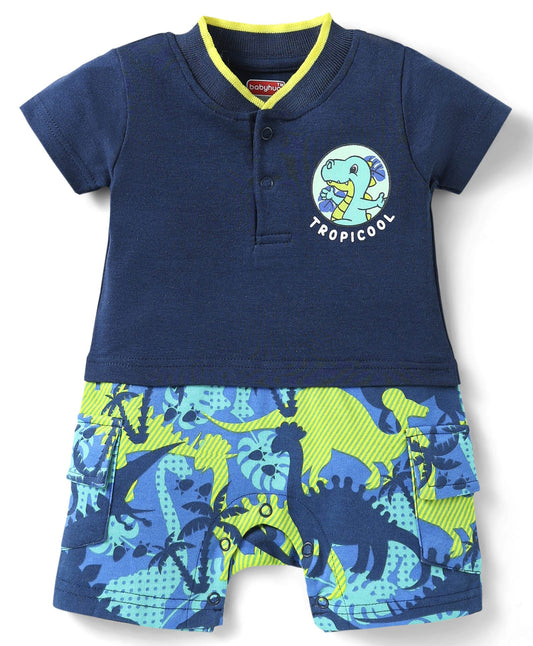 FirstCry Babyhug 100 Percent Cotton Knit Half Sleeves Romper With Dino Print Navy Blue