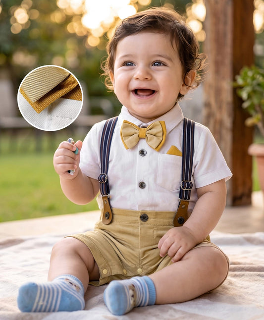 FirstCry Mark and Mia Woven Half Sleeves Solid Party Romper With Bow and Suspender Khaki and White
