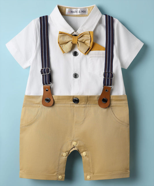 FirstCry Mark and Mia Woven Half Sleeves Solid Party Romper With Bow and Suspender Khaki and White