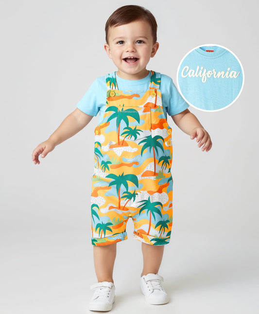 FirstCry Babyhug 100 Percent Cotton Single Jersey Knit Half Sleeves T-Shirt and Dungaree with Beach Print Light Blue