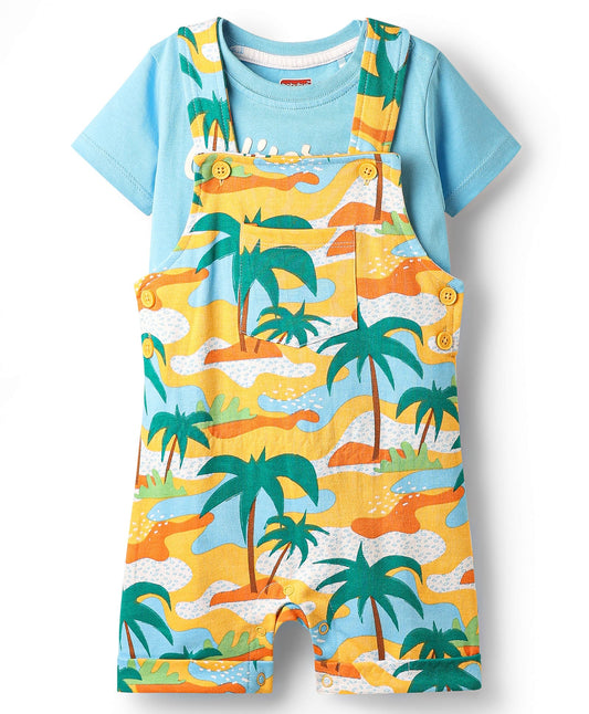 FirstCry Babyhug 100 Percent Cotton Single Jersey Knit Half Sleeves T-Shirt and Dungaree with Beach Print Light Blue
