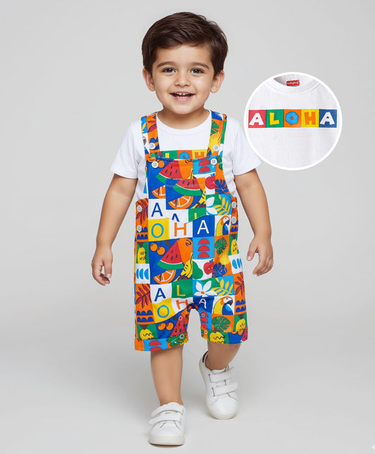 FirstCry Babyhug 100 Percent Cotton Single Jersey Knit Half Sleeves T-Shirt and Dungaree With Tropical and Text Print White