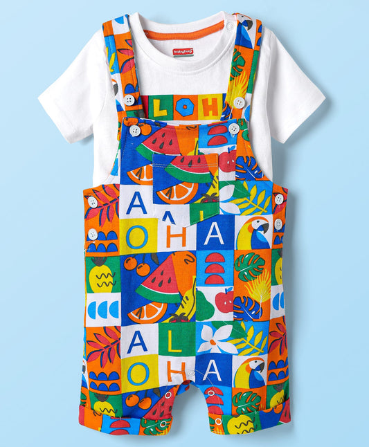 FirstCry Babyhug 100 Percent Cotton Single Jersey Knit Half Sleeves T-Shirt and Dungaree With Tropical and Text Print White