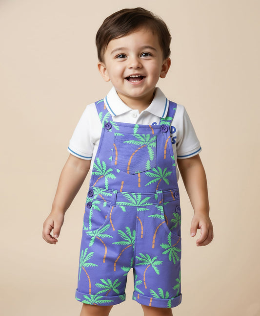 FirstCry Babyhug 100 Percent Cotton Single Jersey Knit Dungaree and Half Sleeves Polo Inner Tee With Tree Print Blue and White