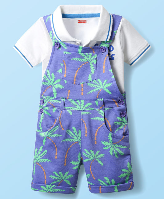 FirstCry Babyhug 100 Percent Cotton Single Jersey Knit Dungaree and Half Sleeves Polo Inner Tee With Tree Print Blue and White