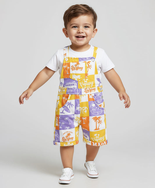 FirstCry Babyhug 100 Percent Cotton Single Jersey Knit Half Sleeves T-Shirt and Dungaree With Beach Theme Print Yellow and White