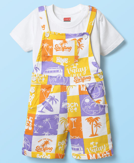 FirstCry Babyhug 100 Percent Cotton Single Jersey Knit Half Sleeves T-Shirt and Dungaree With Beach Theme Print Yellow and White
