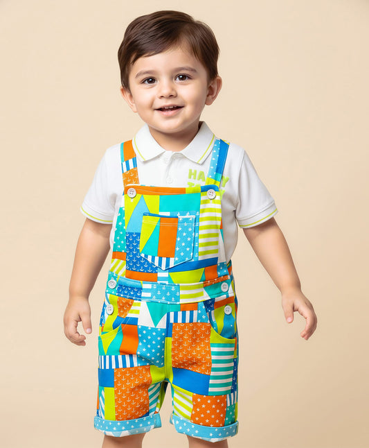 FirstCry Babyhug 100 Percent Cotton Single Jersey Knit Half Sleeves Polo T-Shirt and Dungaree With Nautical Print White
